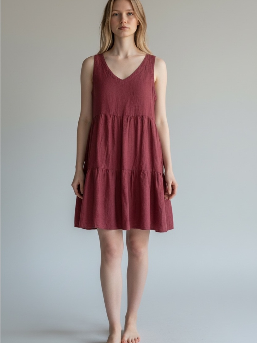Matty M Linen Blend Sleeveless Tiered Dress in Rose Burgundy Wine